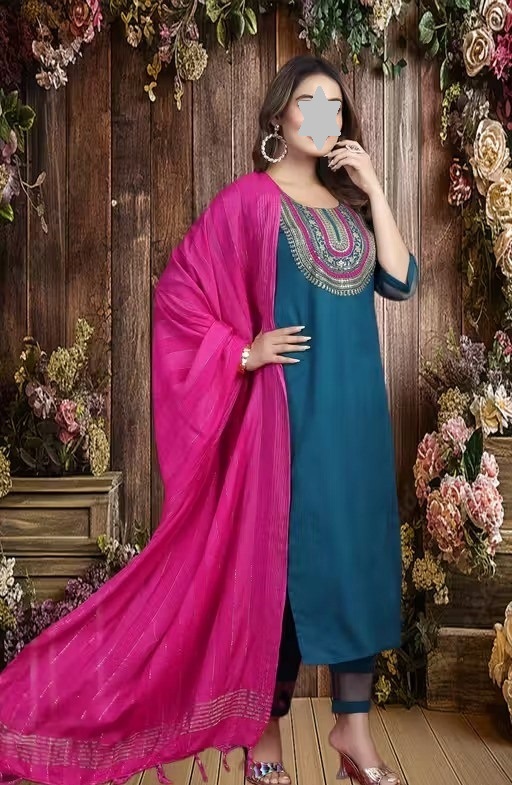 Women Fashion Trending Embrodered Kurta With Pant And Dupatta Set Color 1 (KS146)