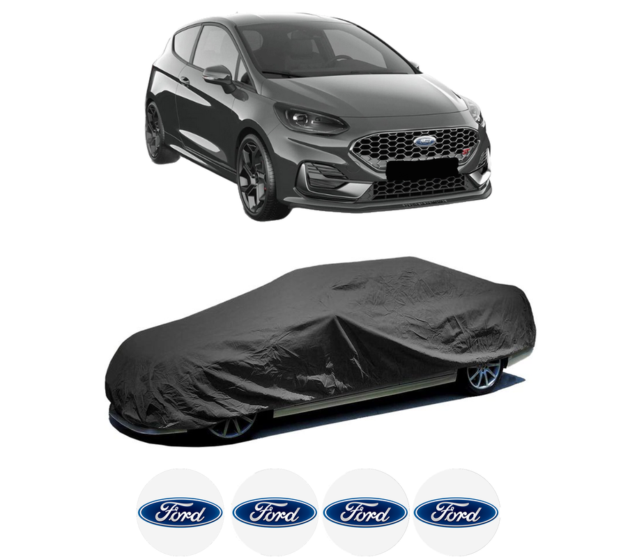 Husa tip prelata auto pentru FORD FIESTA VII (HJ, HF) din 2017-2022, Culoare Negru, material textil impermeabil, rezistanta la intemperii praf UV, CARPASSION Husa Protectie, 4 Stickere auto cu FORD
