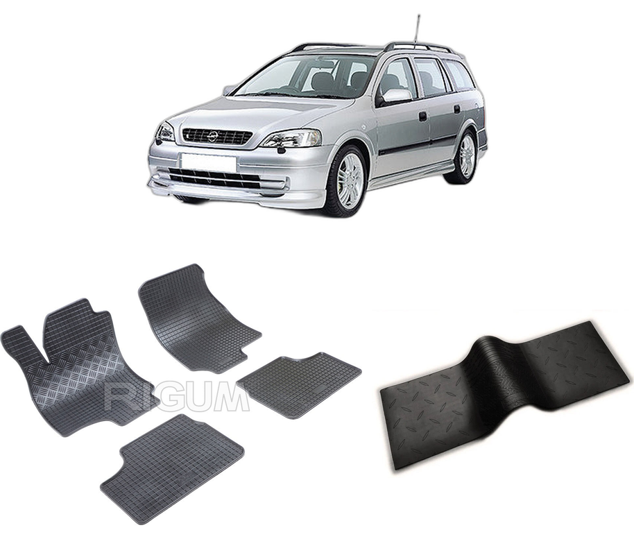 Set covorase auto OPEL ASTRA G din 1998-2009, cu covoras tunel median, CAROSERIE COMBI, Presuri cauciuc 100%, compatibil cu autoturismul OPEL ASTRA G, Rigum