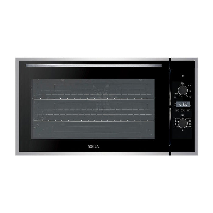 Horno eléctrico empotrable de 90cm, modelo Drija América 90 Air, en acero inoxidable y vidrio negro.