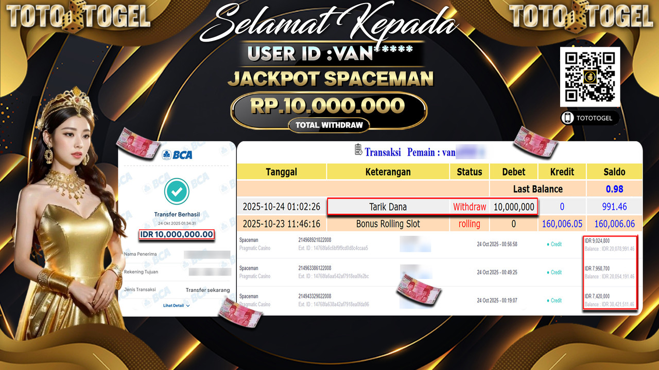 Bukti Pembayaran Jackpot Permainan Pragmatic Casino Spaceman ID:VAN**** LUNAS