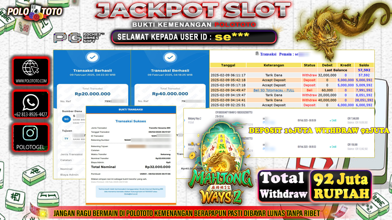 POLOTOTO JACKPOT SLOT MAHJONG WAYS 2 Rp.92,000.000,-
