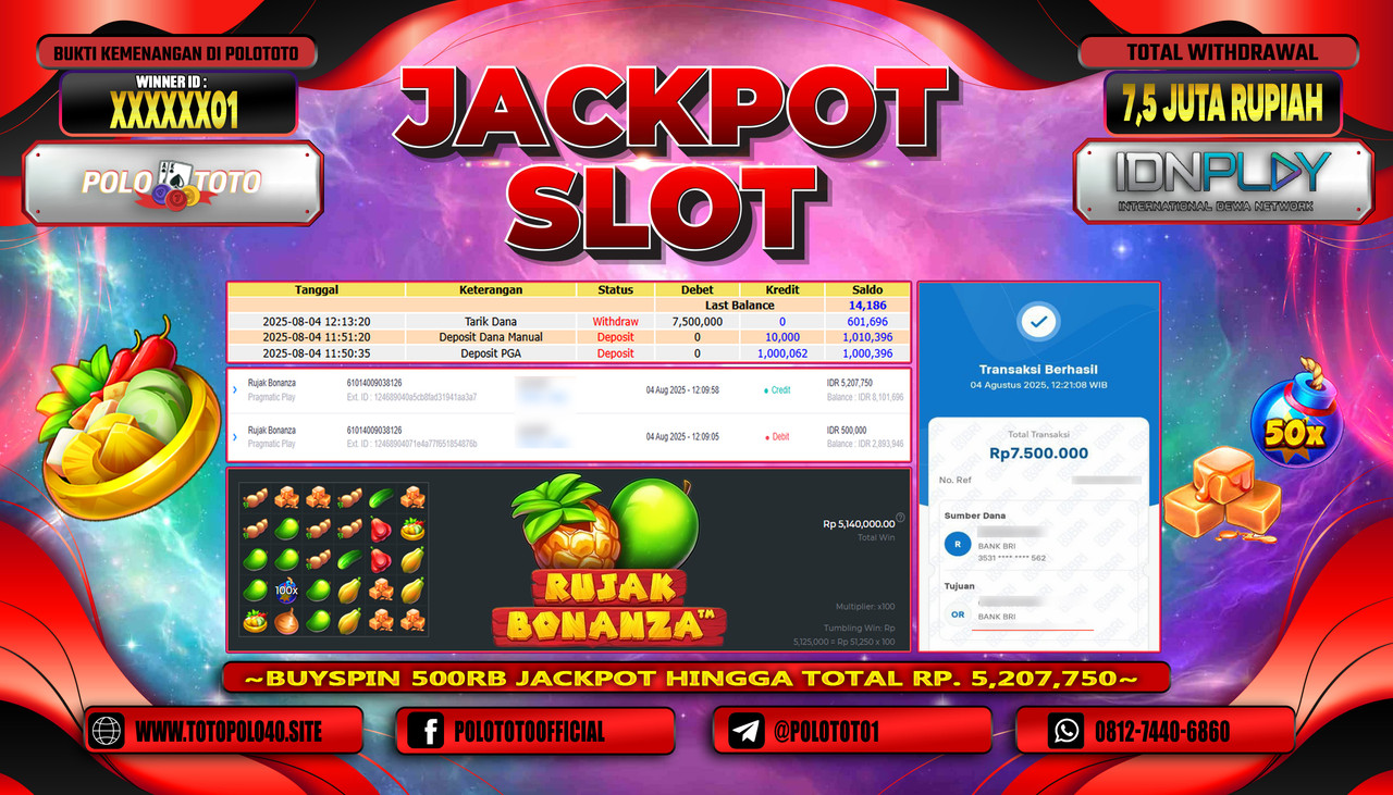 POLOTOTO JACKPOT SLOT RUJAK BONANZA Rp.7.500.000,-LUNAS
