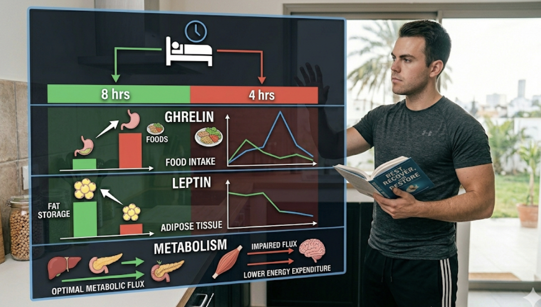 Person sleeping peacefully with moon icon and metabolic hormone diagram showing ghrelin and leptin balance, illustrating night routine weight loss science