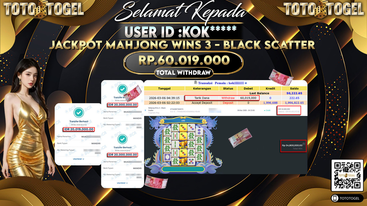 Bukti Pembayaran Jackpot Permainan Slot Mahjong Wins 3 - Black Scatter ID:KOK*****LUNAS