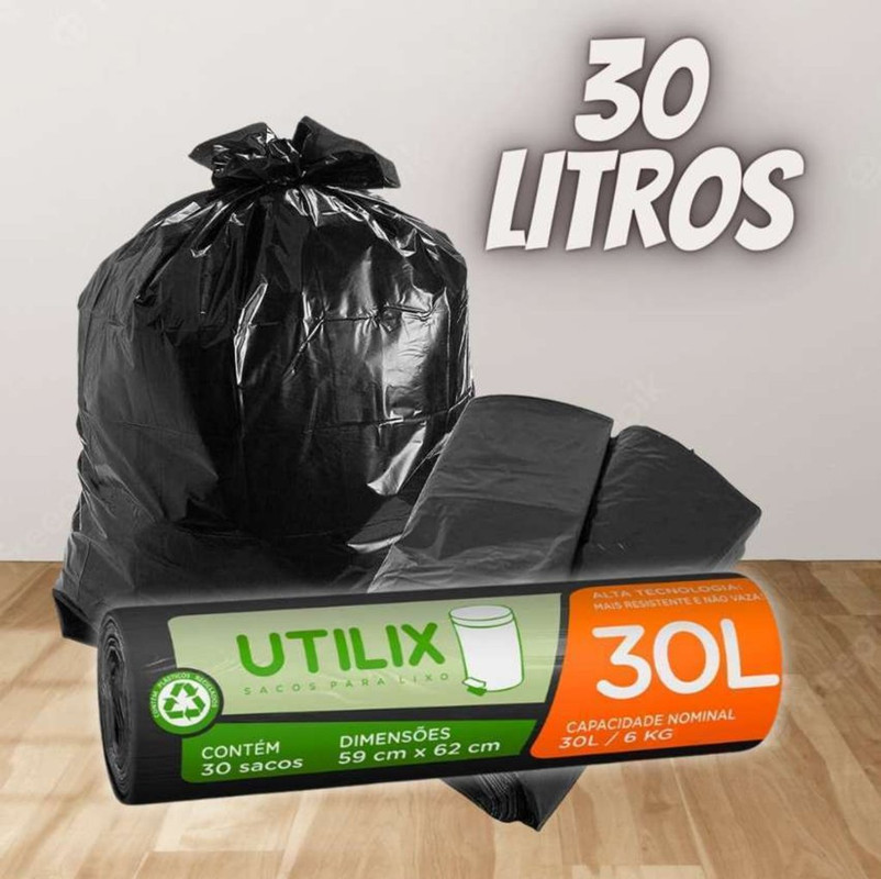 Utilix 510024312 – Saco para lixo, 30 litros, Preto, Rolo com 30 sacos