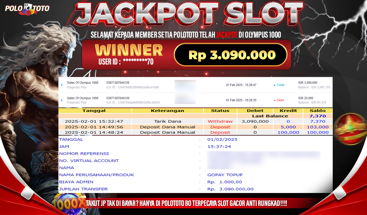 POLOTOTO JACKPOT SLOT GATES OF OLYMPUS 1000 Rp.3,090.000,-