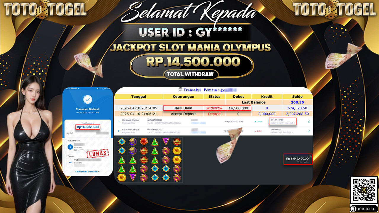 Bukti Pembayaran Jackpot  Permainan Slot Mania Olympus ID:GY****** LUNAS