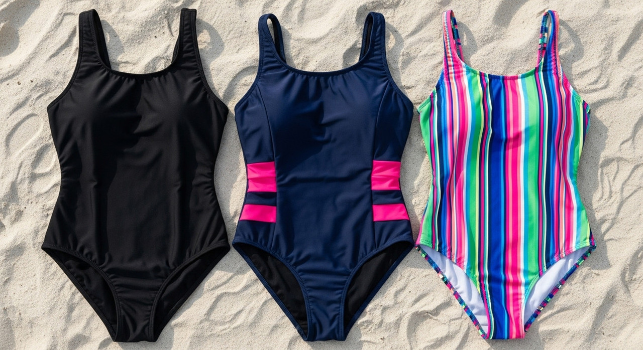 Купальники разных цветов и принтов для визуального стройнения фигуры