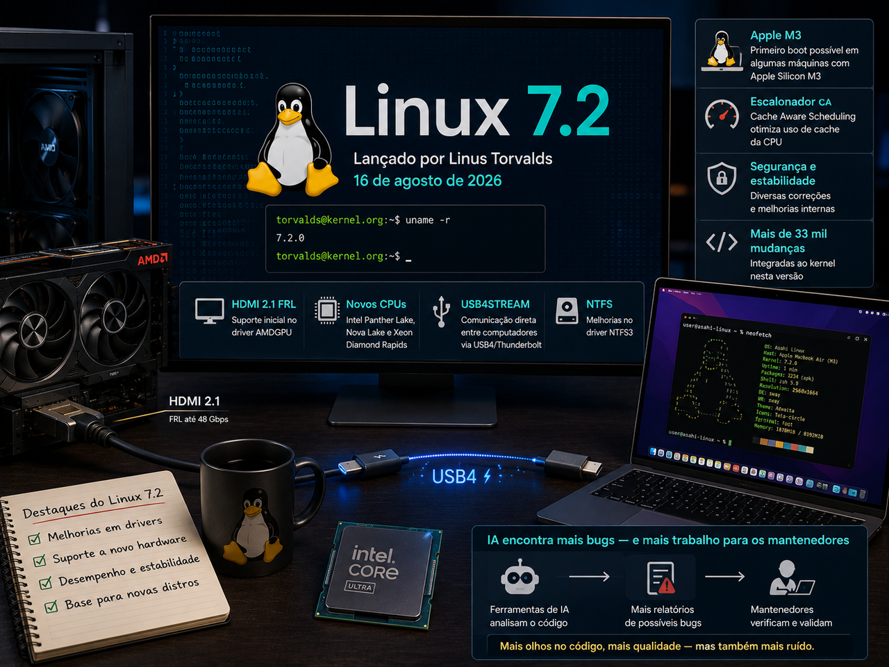 Linux 7.2 chega com HDMI 2.1 melhor para AMD, USB4STREAM e primeiros passos no Apple M3