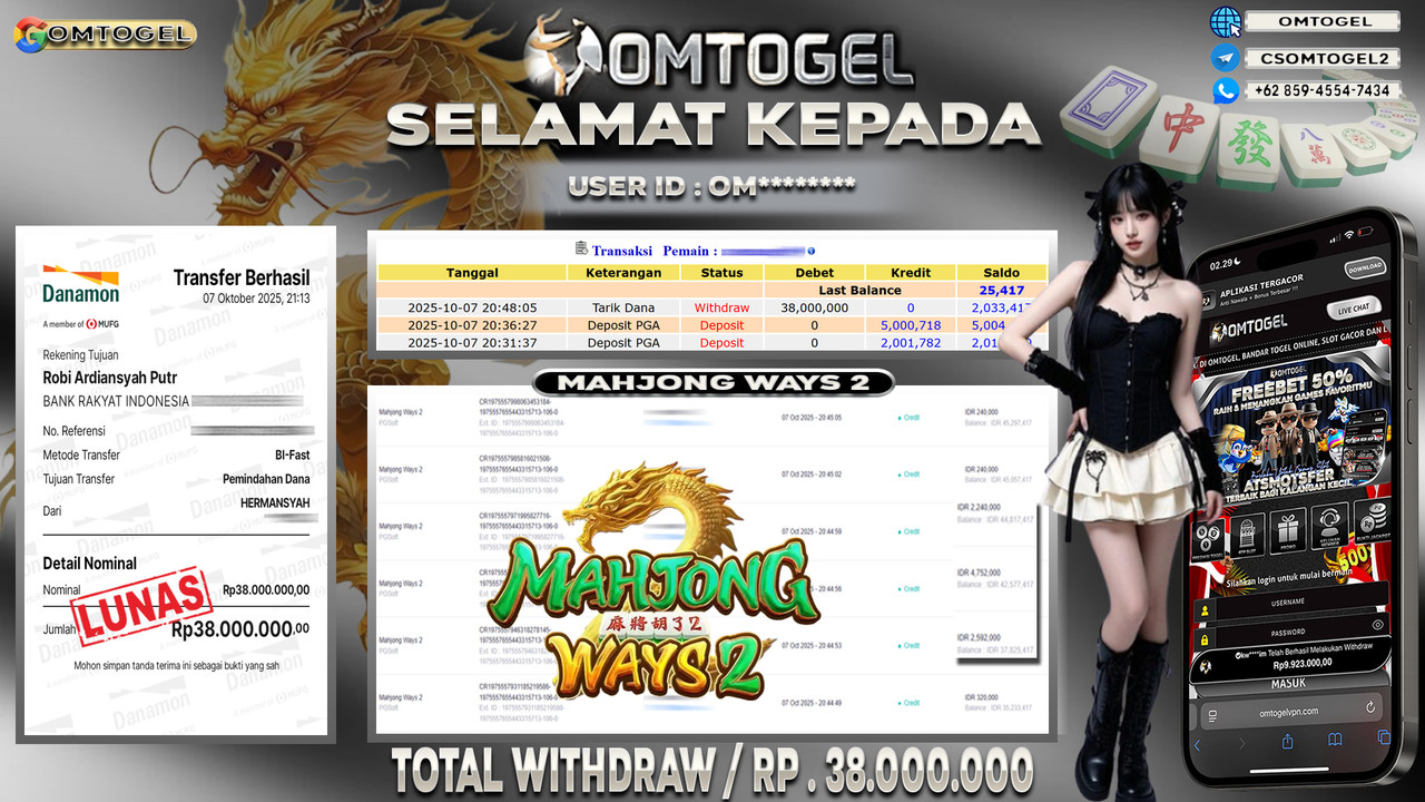 OMTOGEL JACKPOT PGSOFT MAHJONG WAYS 2 38 JUTA DI BAYAR LUNAS ,-