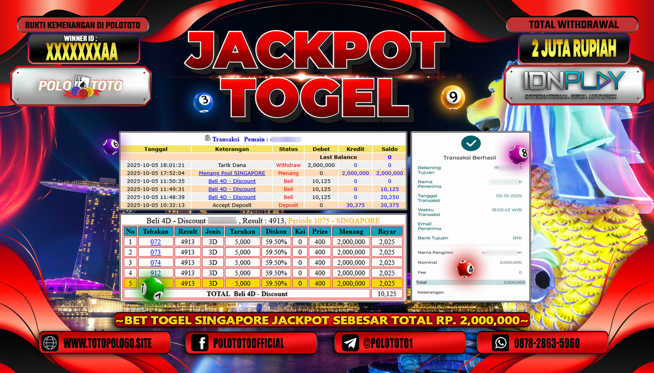 POLOTOTO JACKPOT TOGEL POOL SINGAPORE Rp.2.000.000,- LUNAS