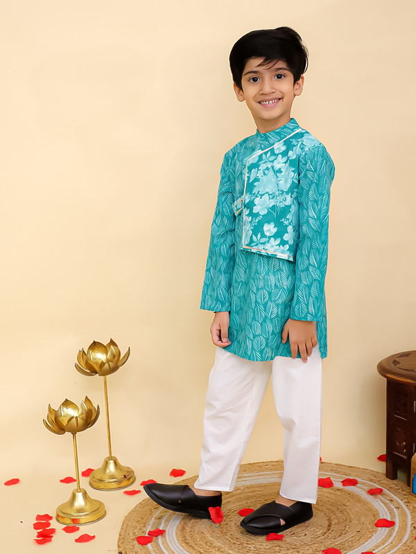 Cotton Leaf Printed Kurta Pyjama Set Full sleeves Kurta Pajama Set For Boys - Picture 7 of 27