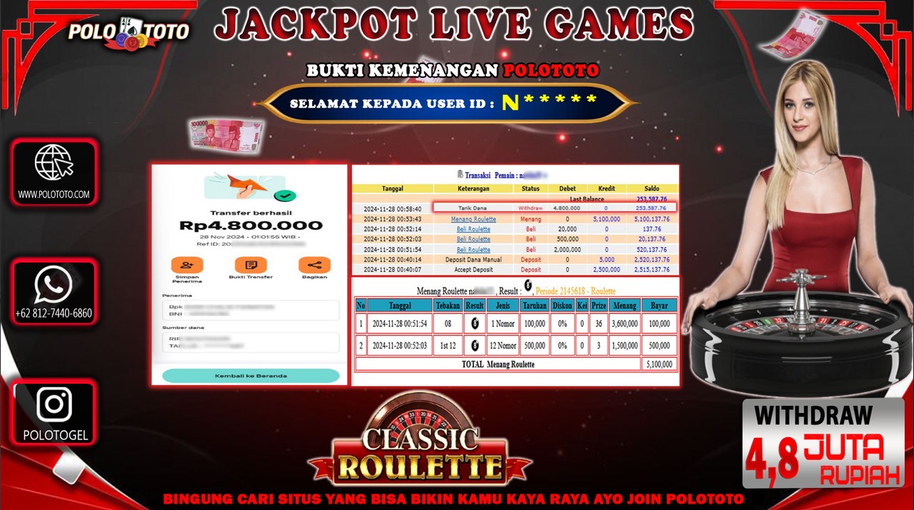 POLOTOTO JACKPOT LIVE GAME CLASSIC ROULETTE Rp.4,800.000,-