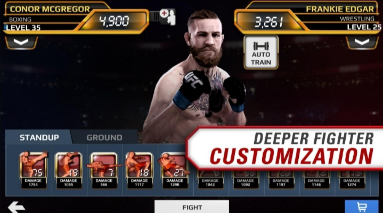 A fighter is selected in the UFC game menu.