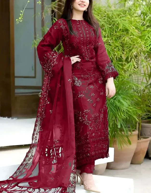 Luxury Embroidered Cotton Dress 2025 with Bamber Chiffon Dupatta
