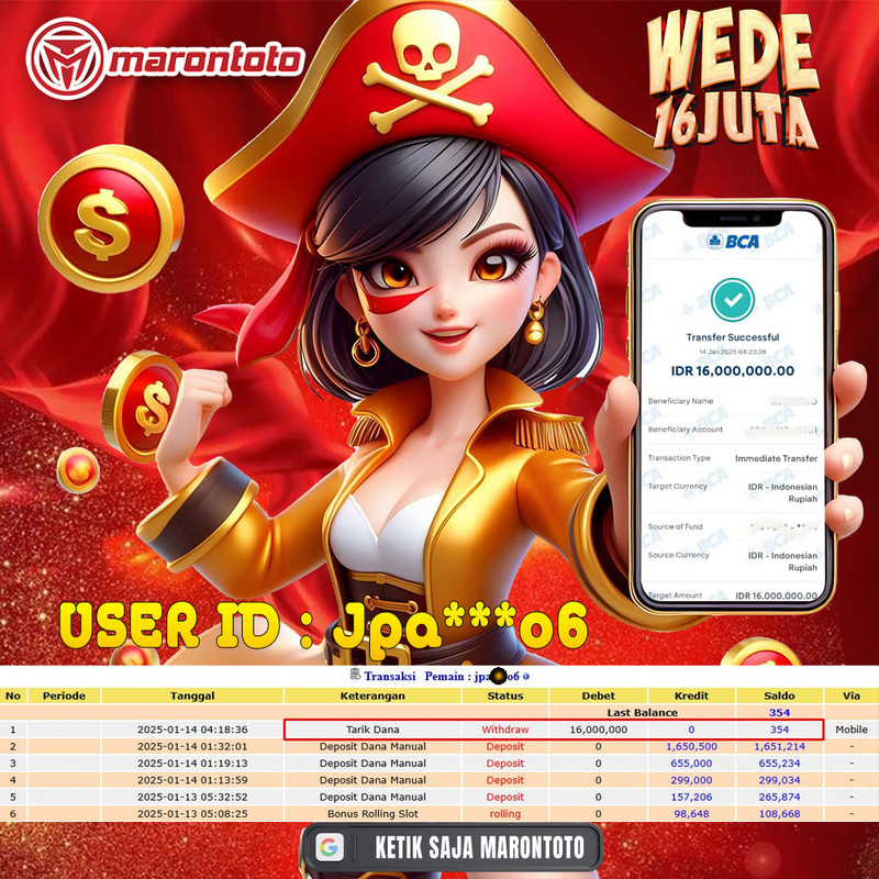 Bukti Kemenangan Member Marontoto Sebesar 16 JUTA