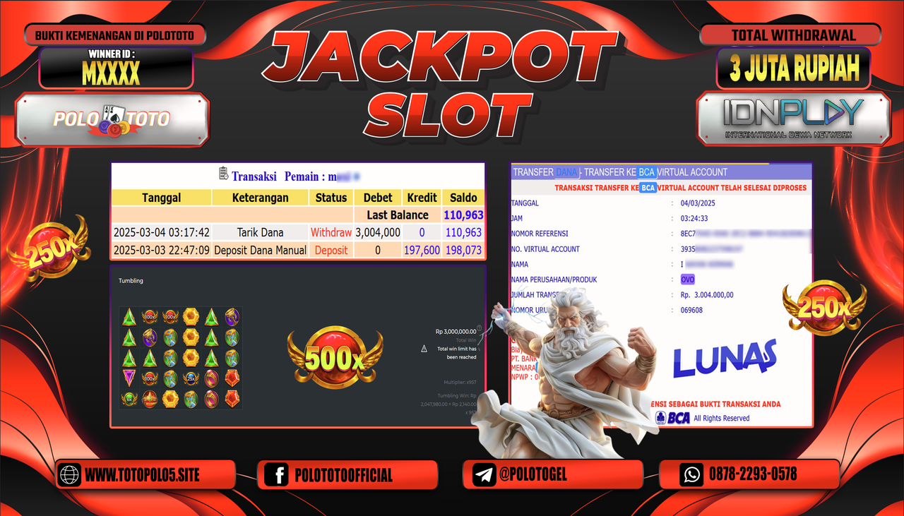 POLOTOTO JACKPOT SLOT GATES OF OLYMPUS 1000 Rp.3.004.000,-