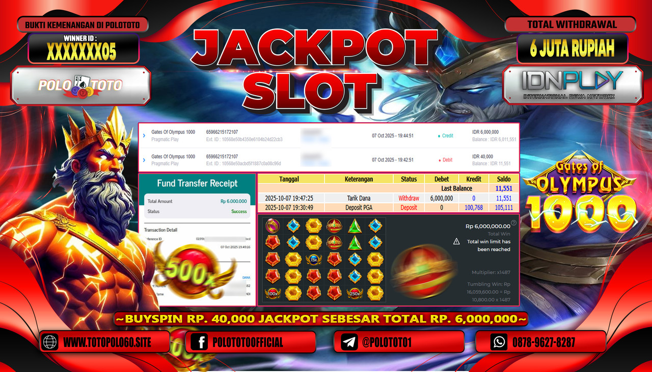 POLOTOTO JACKPOT SLOT GATES OF OLYMPUS 1000 Rp.6.000.000,- LUNAS