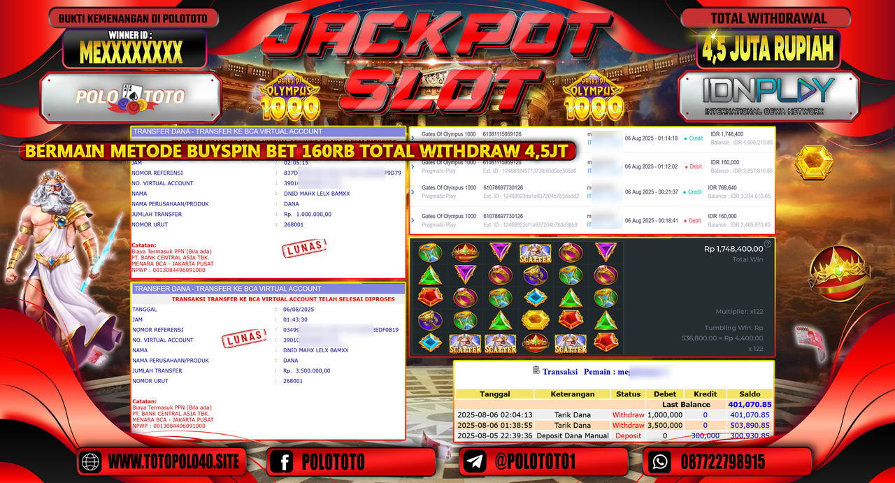 POLOTOTO JACKPOT SLOT GATES OF OLYMPUS 1000 Rp.8.500.000,-LUNAS