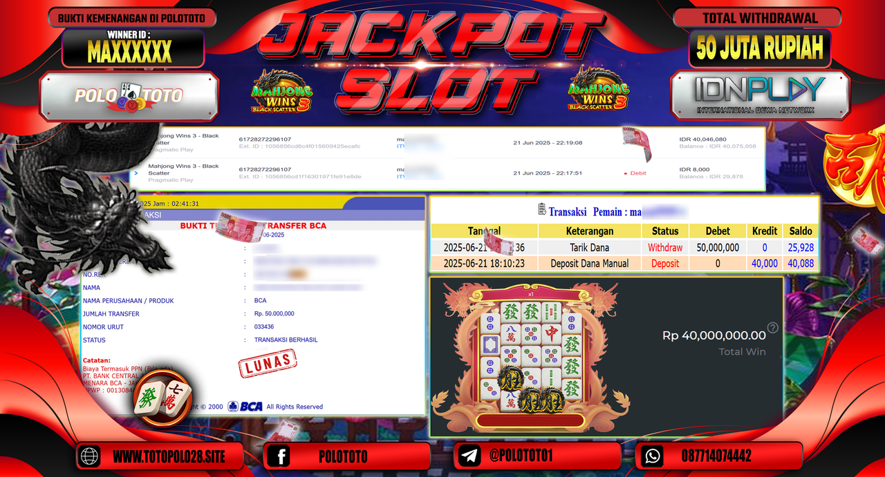 POLOTOTO JACKPOT SLOT MAHJONG WINS 3 BLACK SCATTER Rp.50.000.000,-