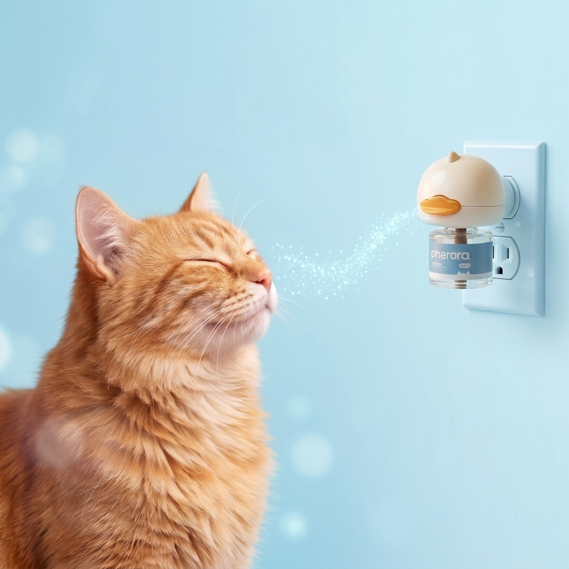 Pherora diffuser plugged in, diffusing near a relaxed cat