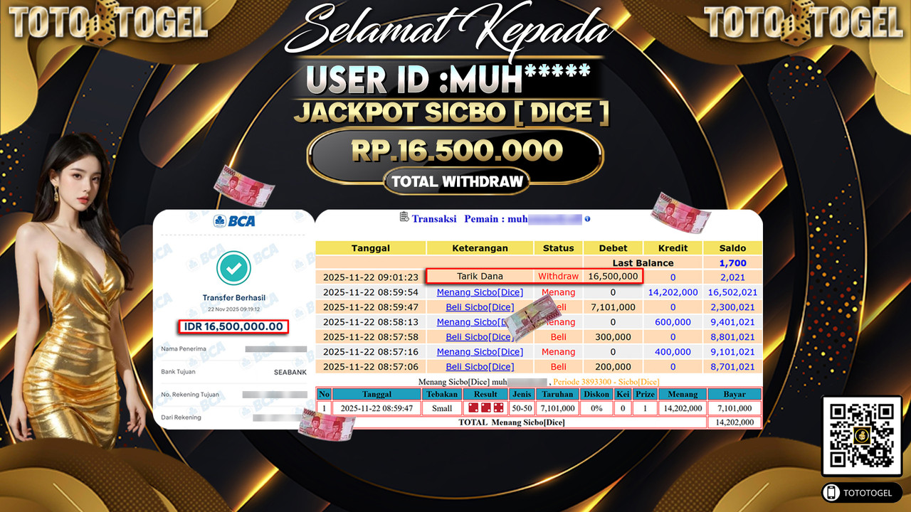 Bukti Pembayaran Jackpot Permainan Live Game Sicbo [ Dice ] ID:MUH***** LUNAS