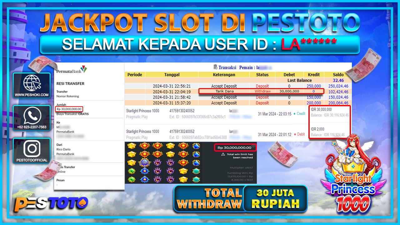 HANYA DI PESTOTO JP PASTI DI BAYAR LUNAS DAN CEPAT!!!!!! JP SLOT{  STARLIGHT PRINCES 1000 } Rp.30.000.000 !!!!!