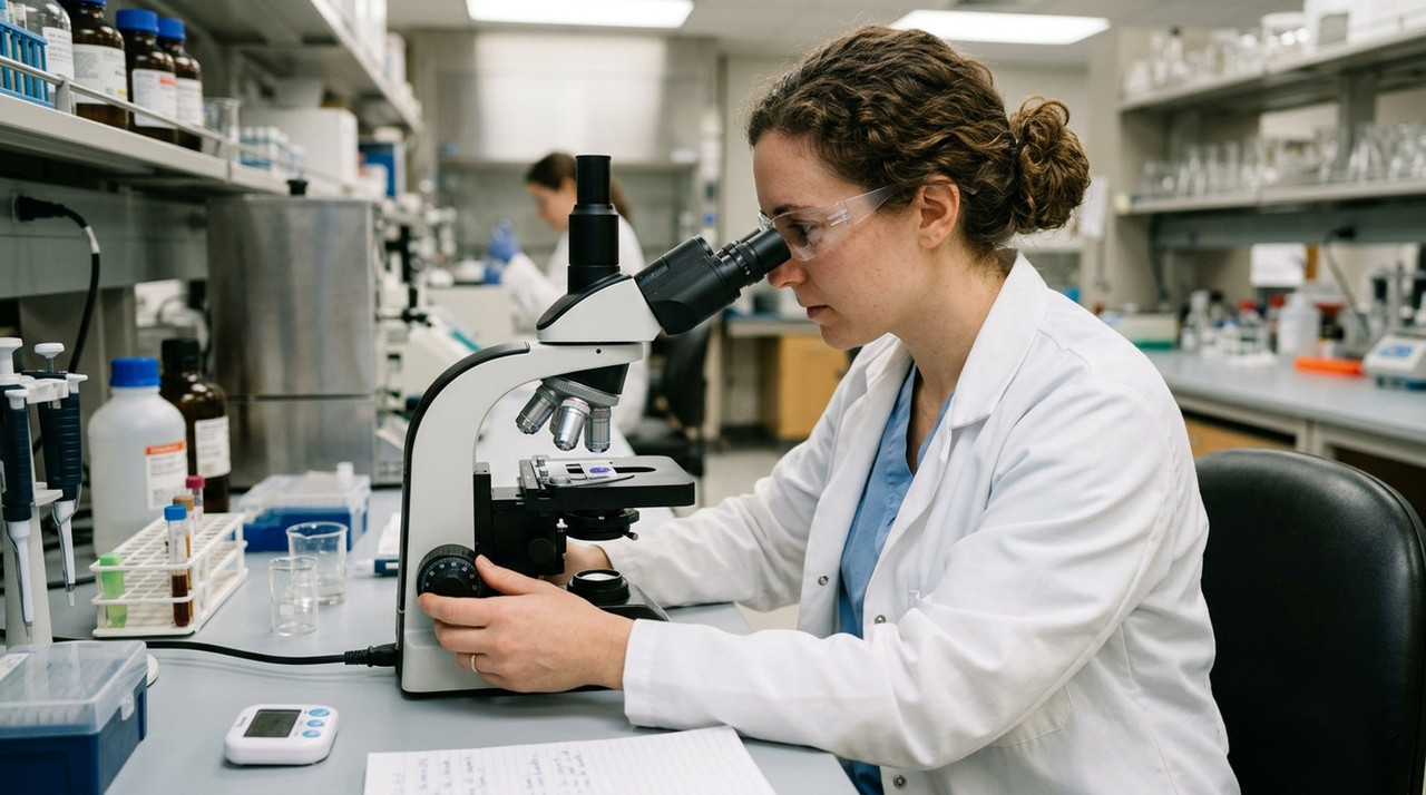 Девушка-лаборант проводит исследование с помощью микроскопа