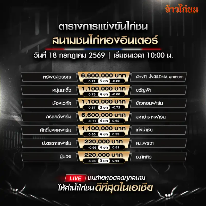 โปรแกรมไก่ชน สนามชนไก่ทองอินเตอร์ 18 กรกฎาคม 2569 ครบ 7 คู่