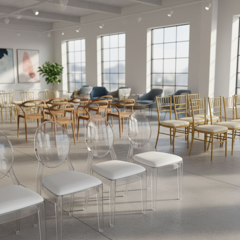 Инфографика с пошаговой инструкцией, как правильно выбрать стулья в аренду для мероприятия в зависимости от его формата и стиля.