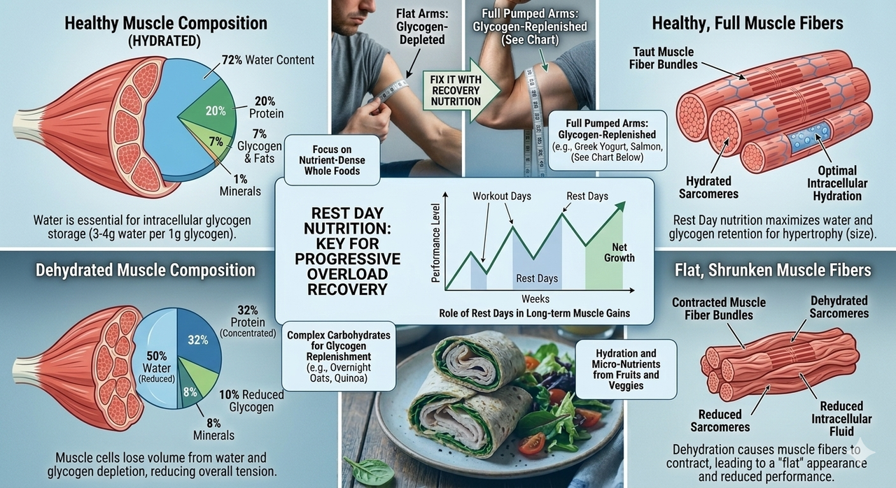 Diagram showing muscle composition with 72% water content explaining why your muscles look flat and how to fix it when dehydrated