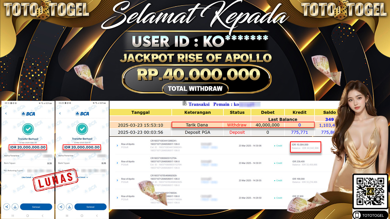 Bukti Pembayaran Jackpot  Permainan Slot Rise Of Apollo 1000 ID:KO**** LUNAS