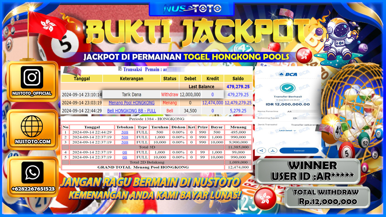 JACKPOT !! MENANG BESAR DI TOGEL PASARAN HONGKONG POOLS  Rp.12.000.000 LANGSUNG DI BAYAR LUNAS NUSTOTO !!