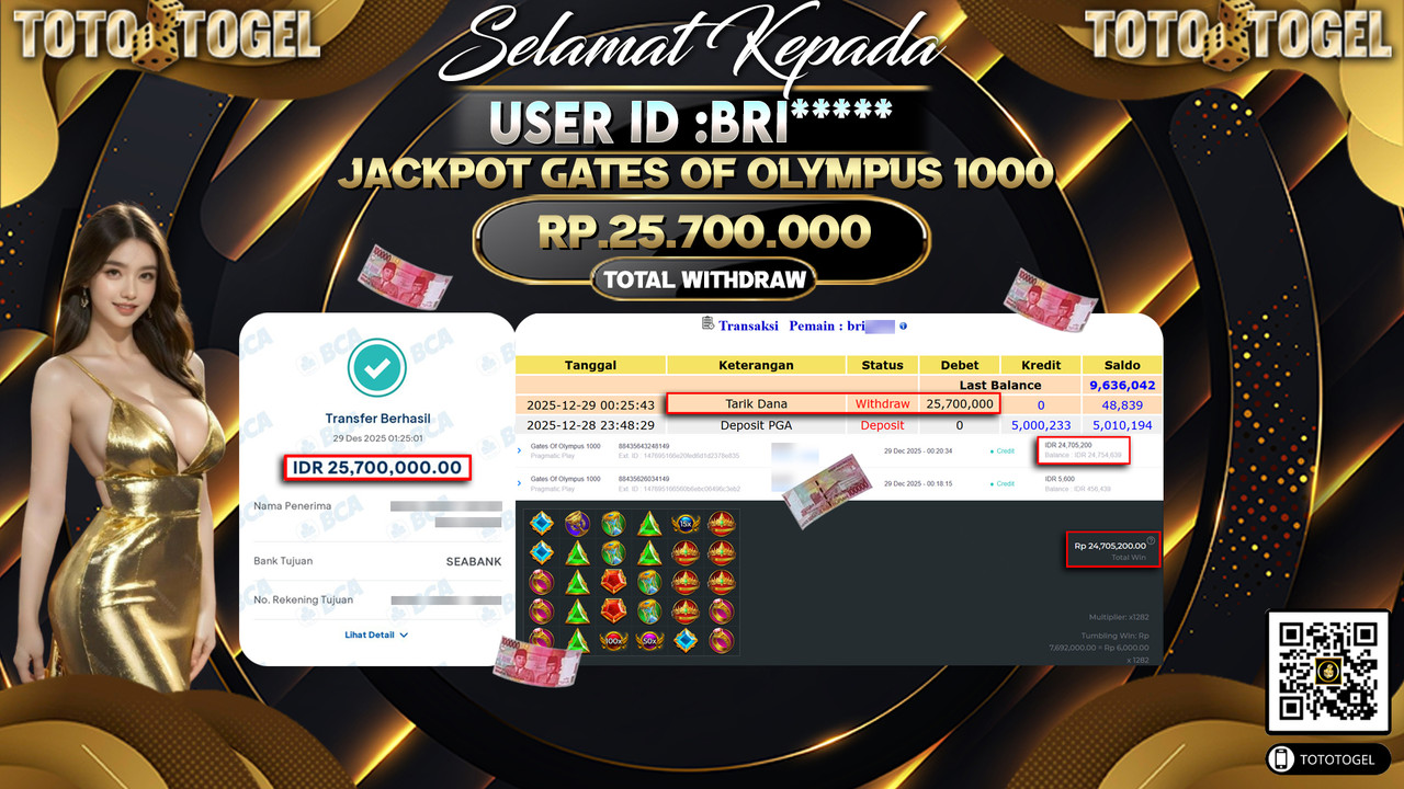 Bukti Pembayaran Jackpot Permainan Slot Gates Of Olympus 1000 ID:BRI**** LUNAS
