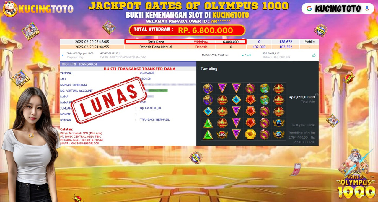 KUCINGTOTO JACKPOT SLOT GATES OF OLYMPUS 1000 RP.6.800.000.,- LUNAS