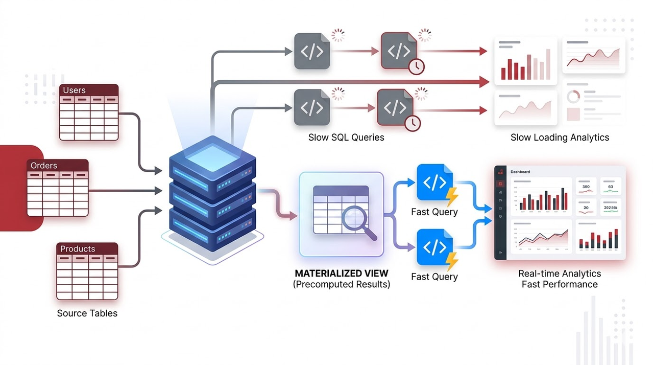Materialized View giúp tăng tốc truy vấn bằng cách lưu sẵn kết quả query phức tạp, tối ưu hiệu năng cho dashboard và hệ thống báo cáo dữ liệu lớn.