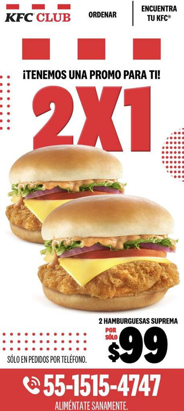 KFC: 2x1 en Hamburguesa Suprema (Solo en pedidos por teléfono) 