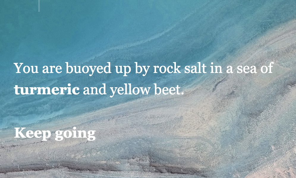 Screenshot from the game that reads You are buoyed up by rock salt in a sea of tumeric and yellow beet. Keep going.