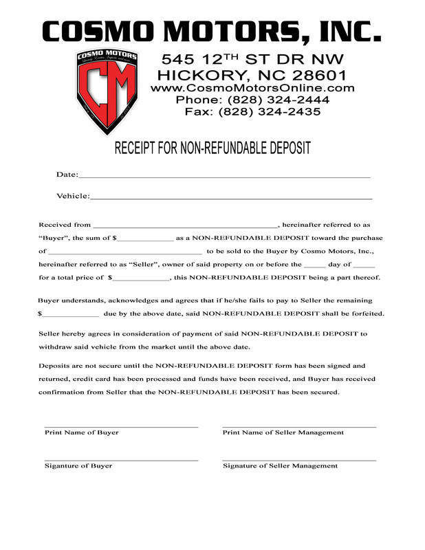 Cosmo Motors Serving Hickory, NC, Used Cars Terms of Sale