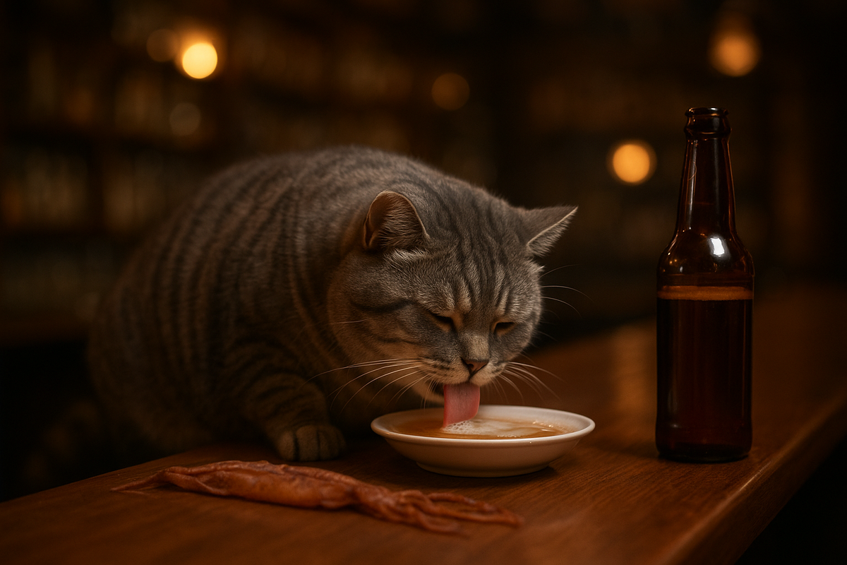 Кошка за баром с пивом