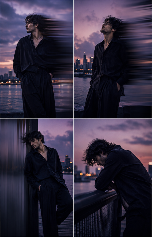 Example result for: Rooftop Nightscape: 4-Panel Cinematic Storytelling Collage Prompt