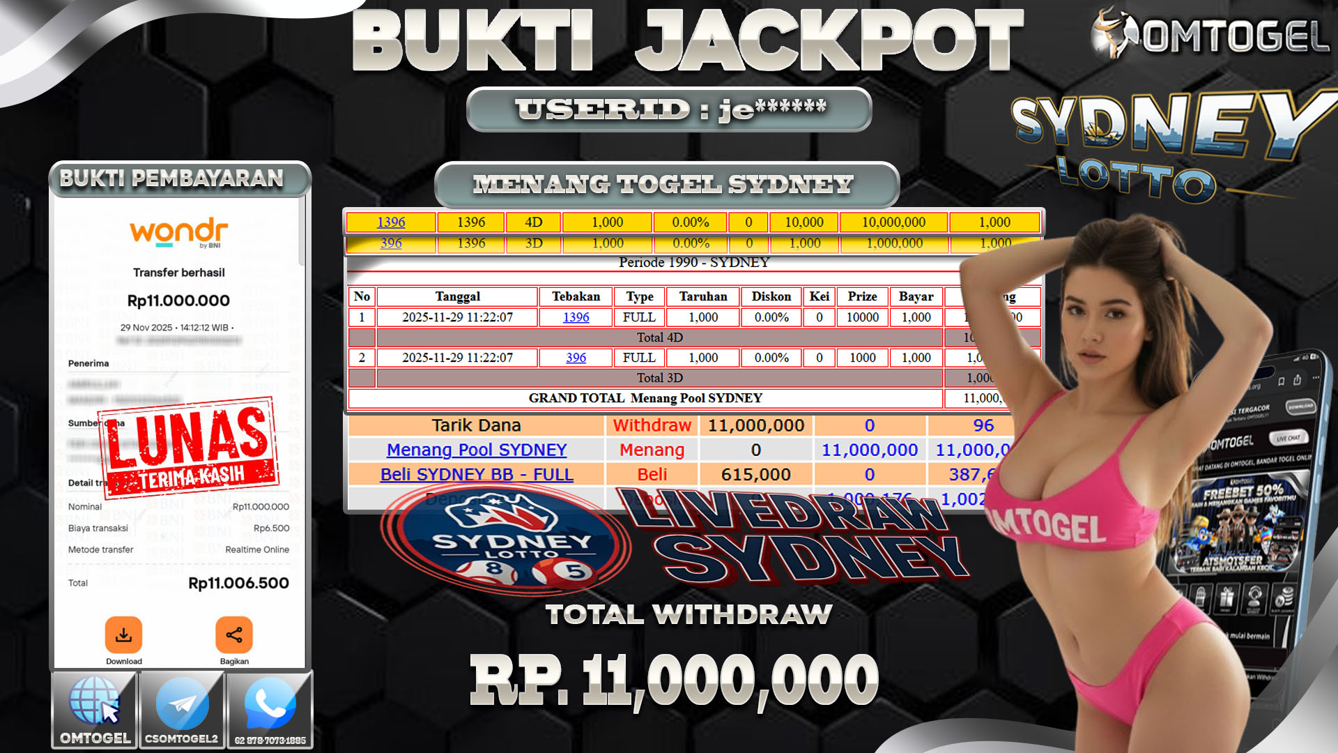OMTOGEL JACKPOT TOGEL SYDNEY LOTTO 4D 3D 2D ,11 JUTA DI BAYAR LUNAS ,-