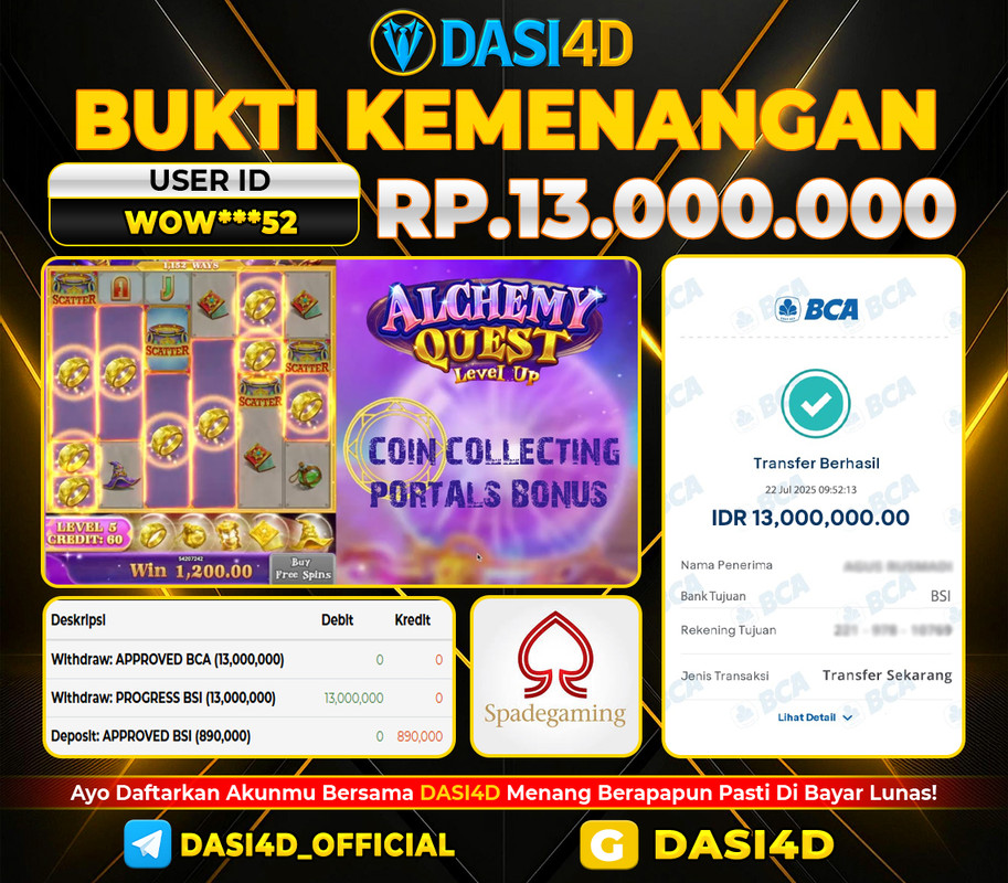 BUKTI KEMENANGAN 22 JULI 2025 DI ALCHEMY QUEST RP 13.000.000