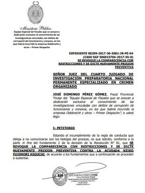 Fiscalía Anticorrupción de Perú pide prisión preventiva contra Keiko Fujimori por lavado de dinero Carta-jkeiko