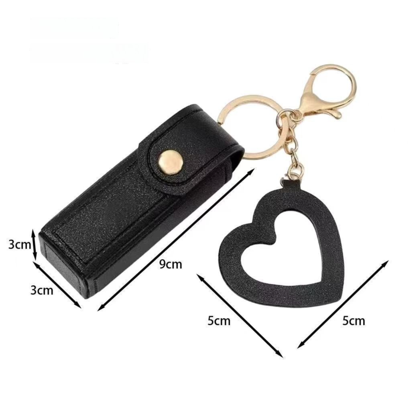 Black Portable Lipstick Case with Heart Mirror & Keychain – Cute PU Leather Holder (3-Pack)