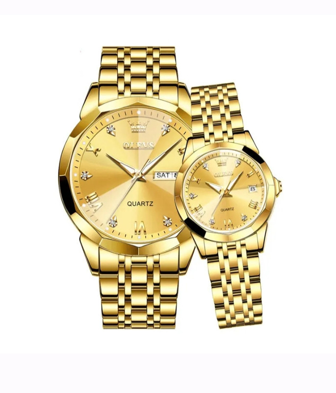 Butter Fly Lock Olievs Stainless Steel fashionable Couple watches +1pcs chain cutter+ 2 pcs battery Golden