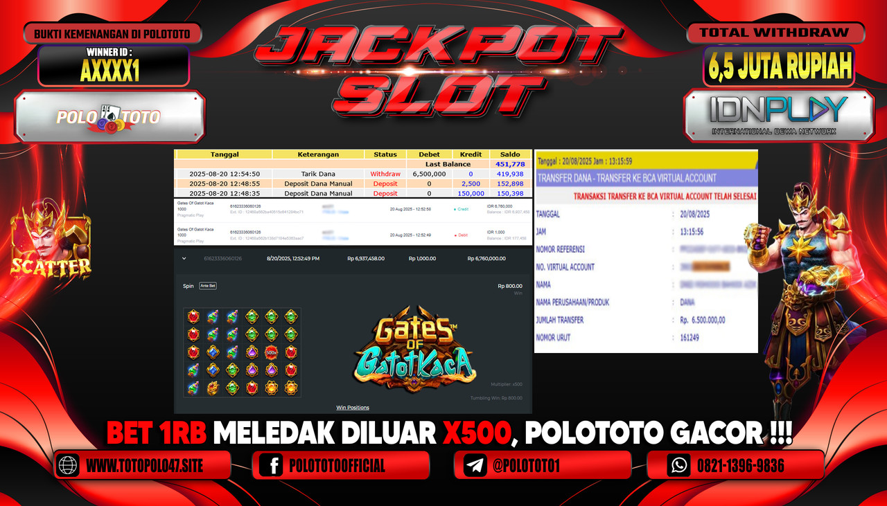 POLOTOTO JACKPOT SLOT GATES OF GATOT KACA Rp.6.500.000,- LUNAS
