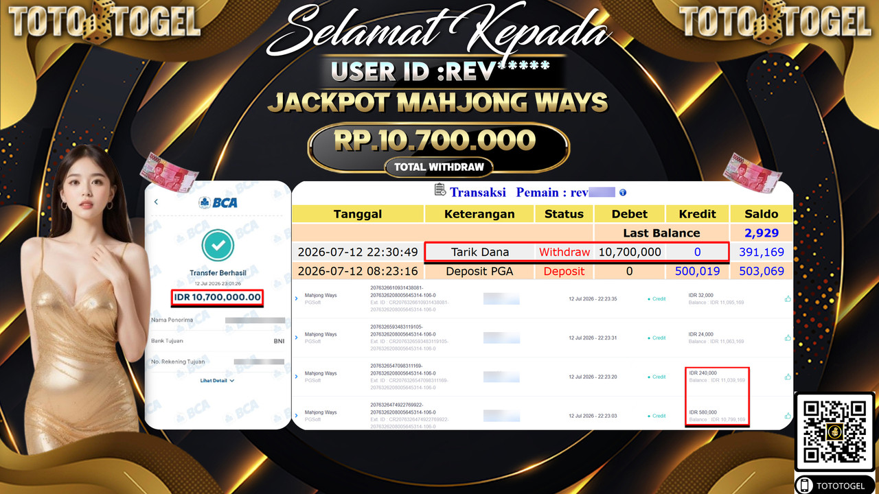 Bukti Pembayaran Jackpot Permainan SLOT MAHJONG WAYS  ID:REV****LUNAS