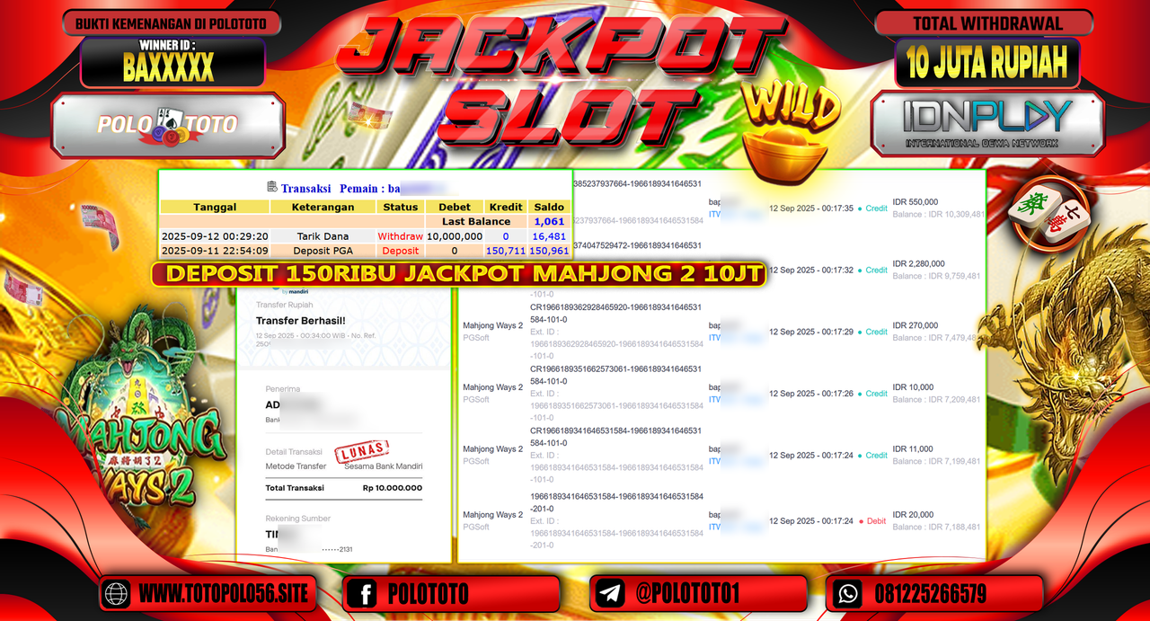 POLOTOTO JACKPOT SLOT MAHJONG WAYS 2 Rp.10.000.000,-